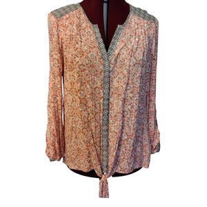 Democracy M Lightweight Floral Sheer Long Bishop Roll Tab Sleeve Tunic Blouse